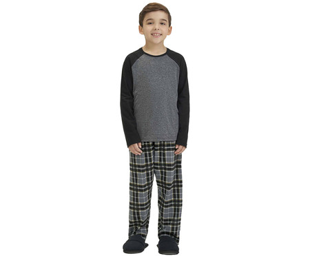 Pijama Manga Longa Infantil Cinza e Preto