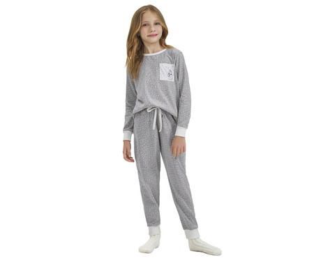 Pijama Manga Longa Infantil Cinza Boneco de Neve