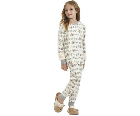 Pijama Manga Longa Infantil Off White e Mescla