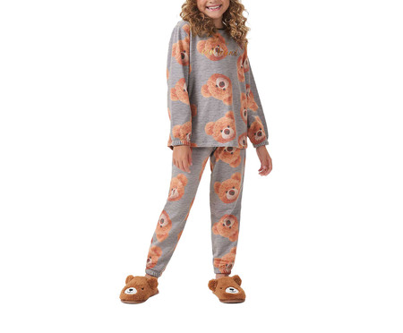 Pijama Manga Longa Feminina Infantil Cinza