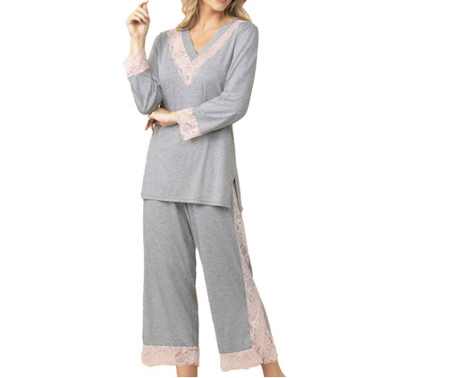 Pijama Pescador Decote V Mescla Delicate, Cinza | WestwingNow