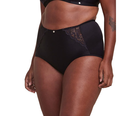 Calcinha Hot Pants Alta Cobertura Modeladora em Cetinete e Renda Preto