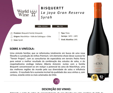 Vinho Tinto Chileno Bisquertt La Joya Gran Reserva Syrah | WestwingNow