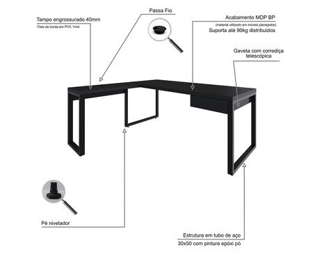 Mesa em L Yon Presidente com Gaveta Preto | Westwing