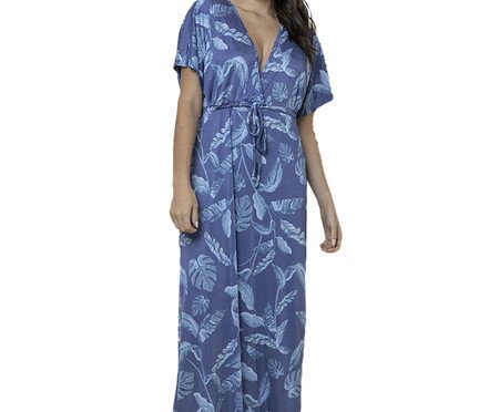 Kaftan Longa Folhas Azul