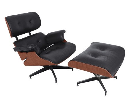 Poltrona com Pufe em Couro Charles Eames - Preta e Jacarandá | WestwingNow