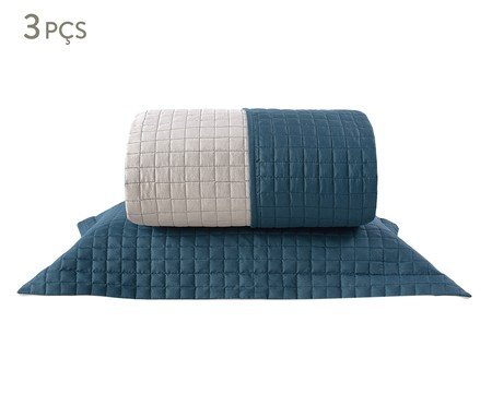 Jogo de Cobre-Leito Dupla Face Plaza Azul Petróleo e Bege