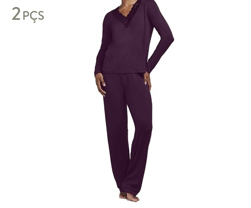 Pijama Longo Manga Longa em Viscose com Renda Roxo, Colorido | WestwingNow