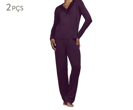 Pijama Longo Manga Longa em Viscose com Renda Roxo | Westwing