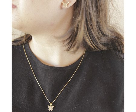 Conjunto Colar e Brinco Borboleta Cravejadas Banhado à Ouro 18K | Westwing