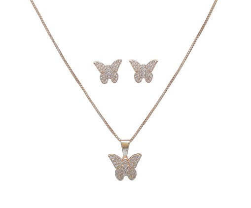 Conjunto Colar e Brinco Borboleta Cravejadas Banhado à Ouro 18K, multicolor | WestwingNow
