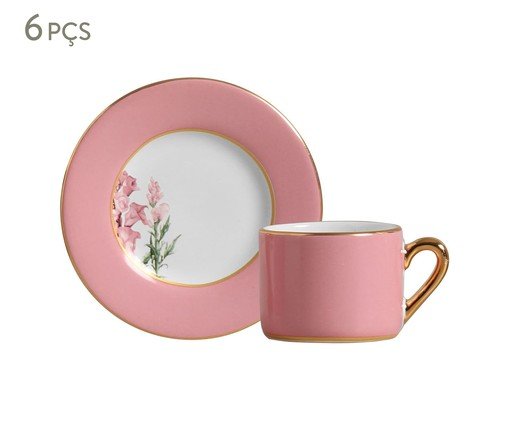 Jogo de Xícara para Café com Pires Rosa com Filete Ouro Boca de Leao, Colorido | WestwingNow