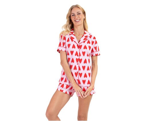 Pijama Manga Curta Aberto Americano Corações Rosa, pink | WestwingNow