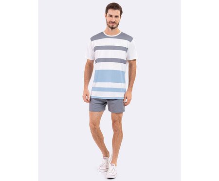 Pijama Manga Curta Masculino Cinza e Azul Branco | Westwing