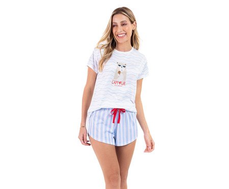 Pijama Manga Curta com Listras Bear Branco | Westwing