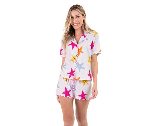 Pijama Manga Curta Aberto Americano Estrelas do Mar Branco, white | WestwingNow