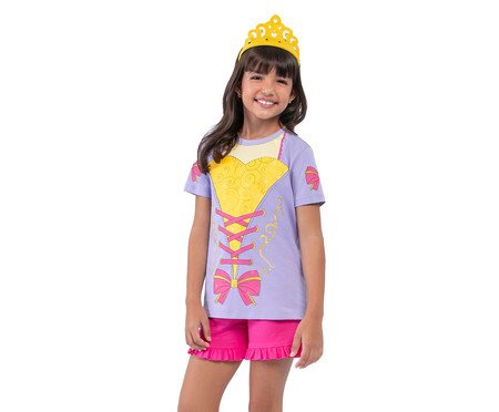 Pijama Manga Curta Princesa com Short de Babadinhos e Tiara Lilas