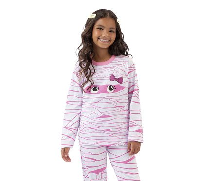 Pijama Manga Longa Infantil Feminino Múmia Brilha no Escuro Branco