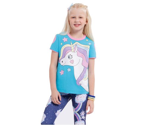 Pijama Manga Curta Infantil com Legging Unicórnio Azul, blue | WestwingNow