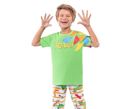 Pijama Manga Curta com Calça Infantil Masculino Dinossauros Verde