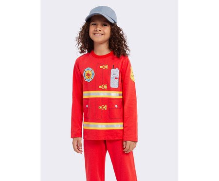 Pijama Manga Longa Infantil Bombeiro e Necessaire com Canetinha Acrilex e Saquinho de Malha | Westwing