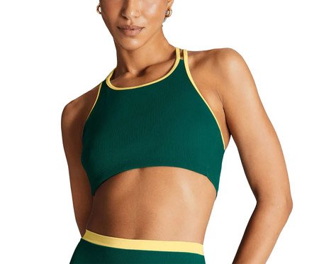 Top Cropped Canelado Bicolor Verde Malaquita e Amarelo