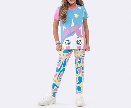 Pijama Manga Curta com Calça Legging Unicórnio Brilha No Escuro Azul | Westwing