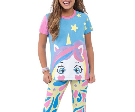 Pijama Manga Curta com Calça Legging Unicórnio Brilha No Escuro Azul | Westwing