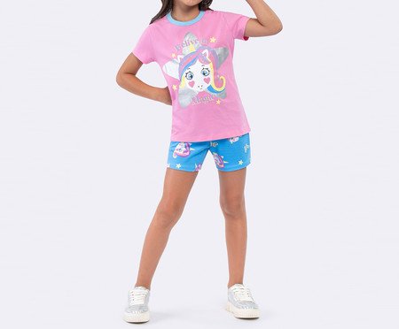 Pijama Manga Curta Unicórnio com Glitter Rosa | Westwing