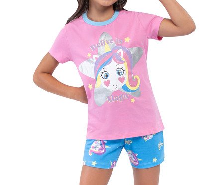 Pijama Manga Curta Unicórnio com Glitter Rosa | Westwing
