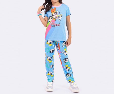 Pijama Manga Curta Infantil com Calça Meninas Superpoderosas Azul | Westwing