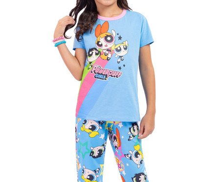 Pijama Manga Curta Infantil com Calça Meninas Superpoderosas Azul | Westwing