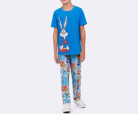 Pijama Manga Curta com Calça Masculino Infantil Loney Tunes Azul | Westwing