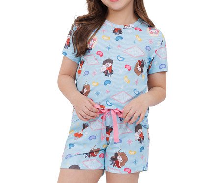 Pijama Manga Curta Infantil Harry Potter Azul