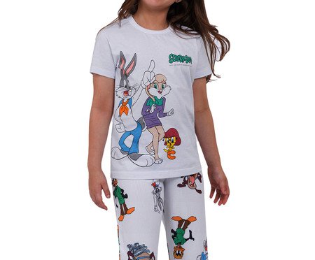 Pijama Manga Curta com Calça Infantil Loney Tunes Branco | Westwing