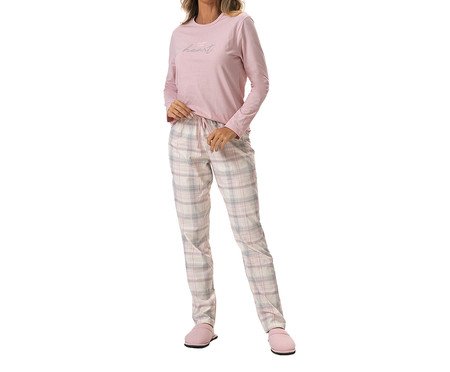 Pijama Feminino Manga Longa Xadrez Rosa