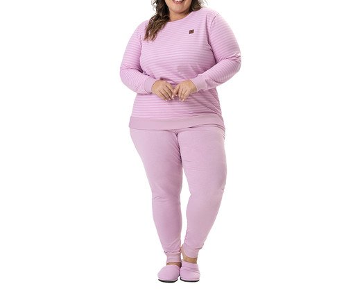 Pijama Feminino Plus Size Longo Listrado Rosa, Rosa | WestwingNow