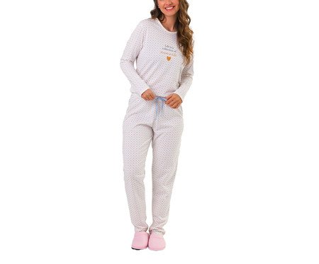 Pijama Feminino Manga Longa Corações Off-White
