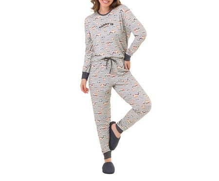 Pijama Feminino Manga Longa Panda Cinza | Westwing