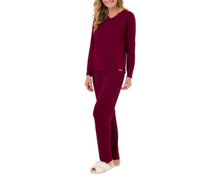 Pijama Feminino Manga Longa Viscose Bordô