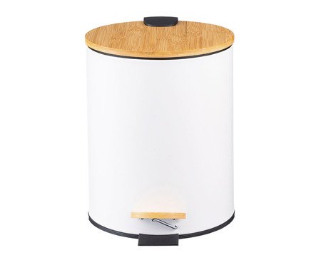 Lixeira Redonda com Pedal e Tampa de Bambu Soft Branco | Westwing