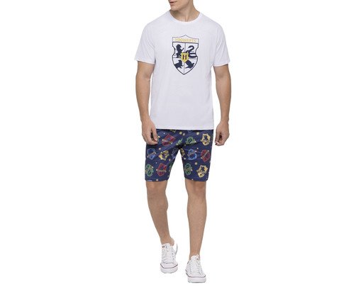 Pijama Manga Curta Hogwarts Masculino com Estampa Metalizada, white | WestwingNow