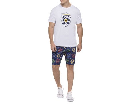 Pijama Manga Curta Hogwarts Masculino com Estampa Metalizada