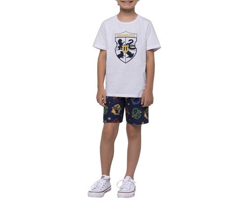 Pijama Manga Curta Hogwarts Masculino Infantil com Estampa Metalizada, white | WestwingNow