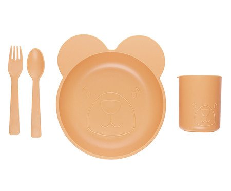 Jogo de Prato e Copo com Talheres Infantil Baby Bear Laranja | Westwing