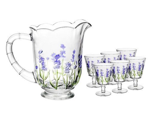 Jogo de Jarra com Taças Lavanda Hande Painting, Transparente | WestwingNow