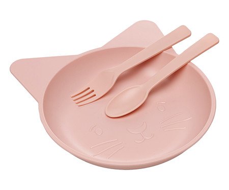 Jogo de Prato e Copo com Talheres Infantil Cat Rosa | Westwing
