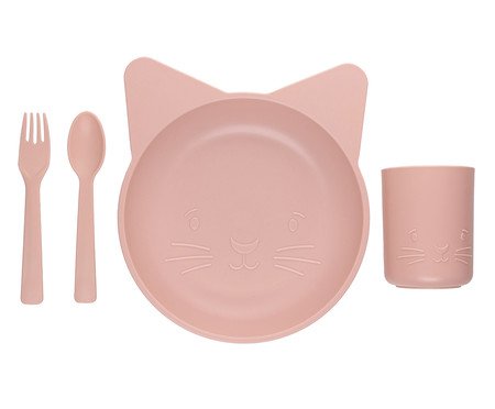 Jogo de Prato e Copo com Talheres Infantil Cat Rosa | Westwing