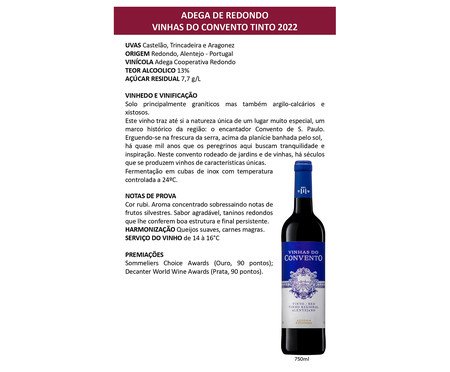 Vinho Vinhas do Convento Alentejano Tinto 2022 | Westwing
