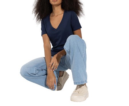 Camiseta Pima Gola V Feminina Azul Marinho | Westwing